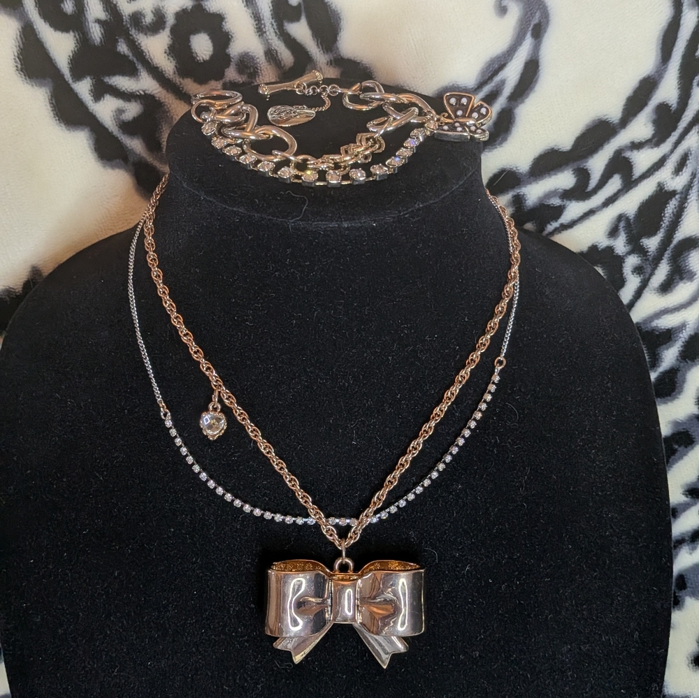 Betsey Johnson Gold and Silver Bow Necklace And Butterfly Bracelet